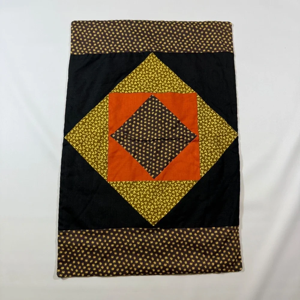 VTG Quilted Place Mat Standard 18x12 Brown Orange Diamond Patchwork Handmade